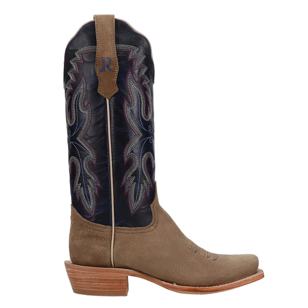 Womens Boar Caf Narrow Embroidered Square Toe Casual Boots Mid Calf Low Heel 1-2 - Blue Brown