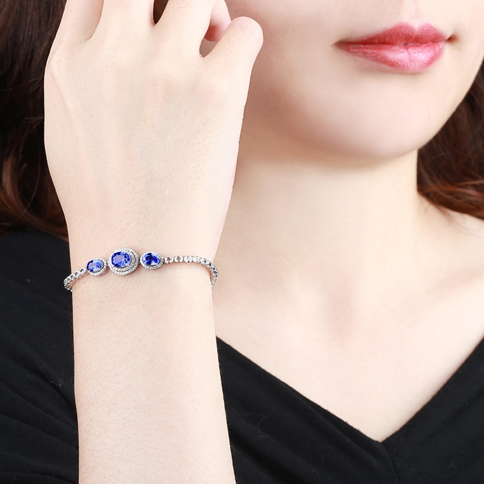 Bracciali Oro Bianco 18k/14k/9k Vero, Bracciale Zaffiro Sintetico Donna 2.69ct 16-20 cm con Moissanite, Braccialetto Sposa Fidanzati