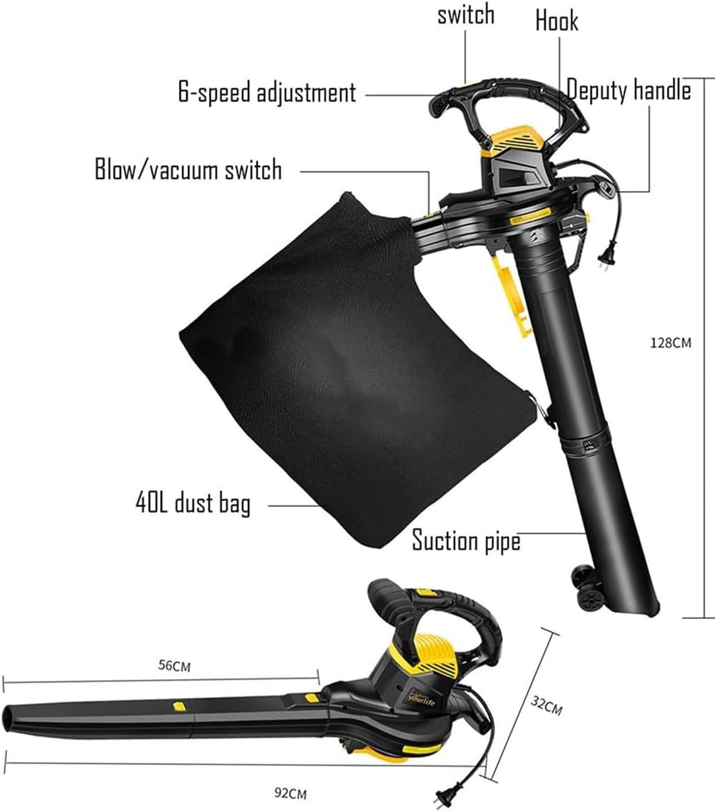 Soplador de Hojas de Mano, soplador de Hojas de jardín y trituradora de vacío, soplador de Hojas de 3800 W con Ruedas y Bolsa recolectora de Hojas de 40 L, soplador de Aire