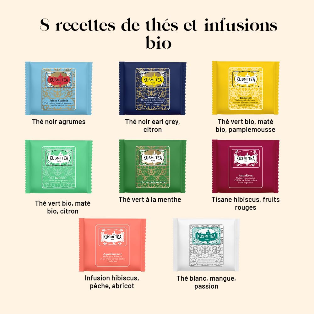 Kusmi Tea - Coffret "Les Essentiels" - Assortiment de Thés Bio - Idée Cadeau Homme et Femme - Thés Noirs, Thés Verts, Detox, Infusions et Maté - 24 Sachets - 8 Recettes Délicieuses