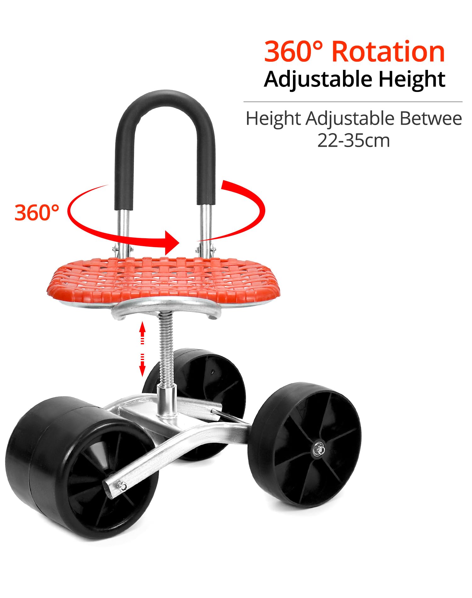 QWORK® Asiento de jardín con Ruedas, Asiento rodante para jardinería, Giratorio 360 °, Rojo, Regulable en Altura, para el hogar y el jardín
