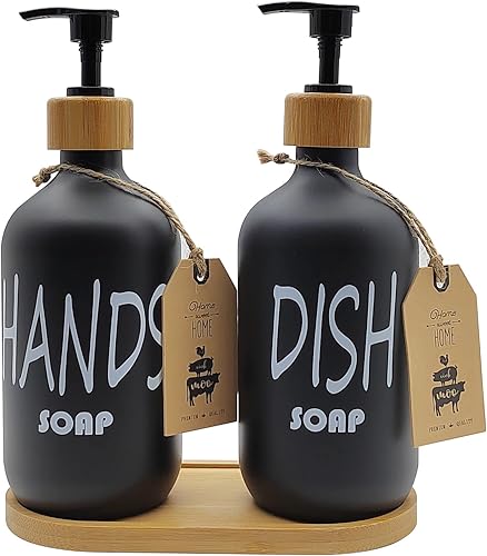 Mowane Dispensador de jabón de plástico de 16 onzas, dispensador de jabón para manos y platos con bombas de bambú y bandeja, decoración de baño de