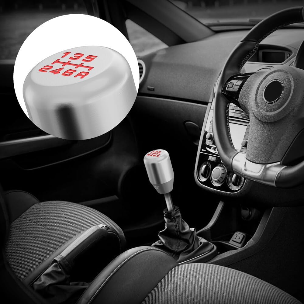 Silver Aluminum Weighted Shift Knob – Universal 6 Speed Manual Gear Shifter with Black Metal Thread Adapters – Ergonomic Car Interior Upgrade