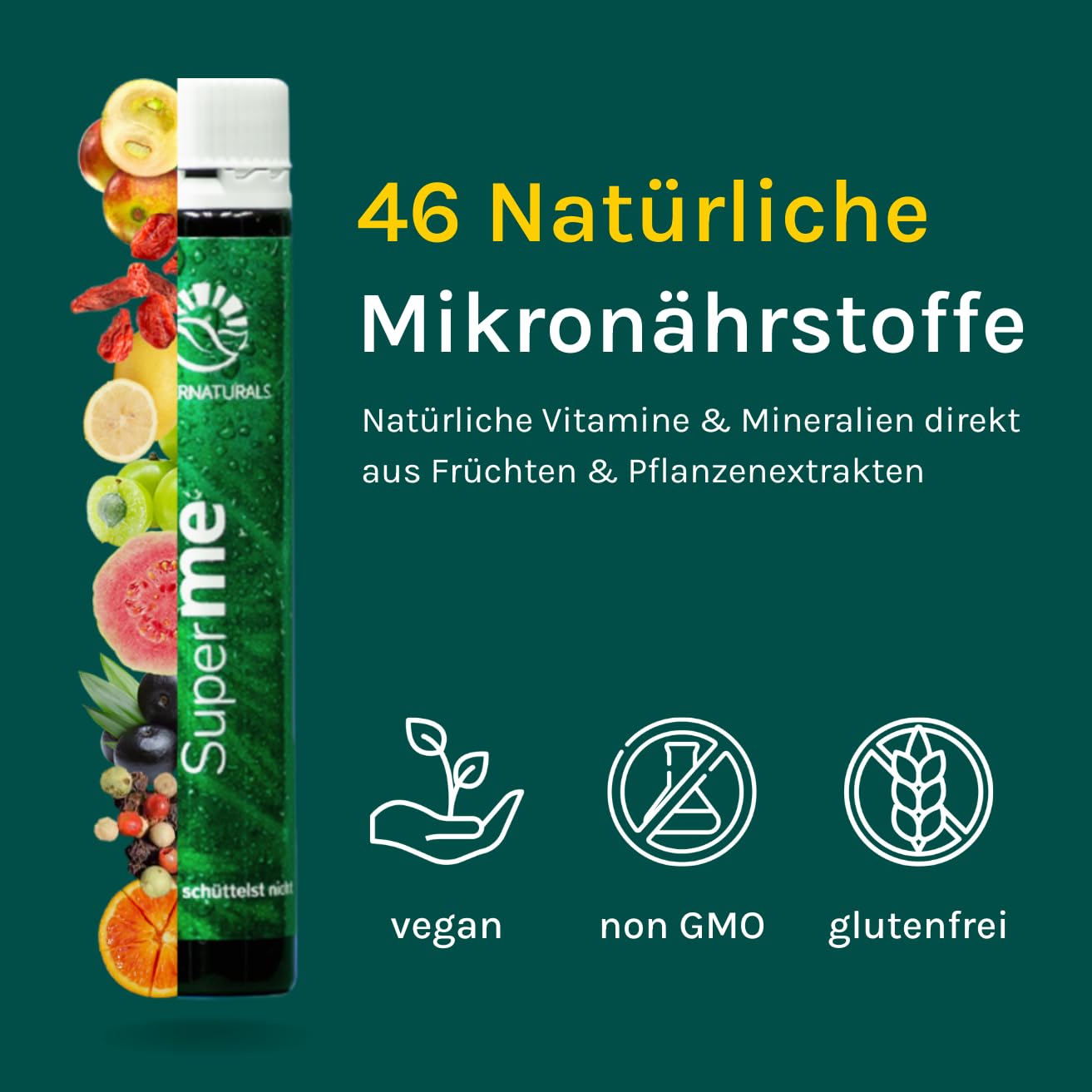 SuperME flüssiger Nährstoffkomplex, 43 Vitamine & Vitalstoffe für Energie, Immunsystem uvm., 100% vegan, 90 x 25ml Trinkampullen, 90 Tage Kur | Supernaturals