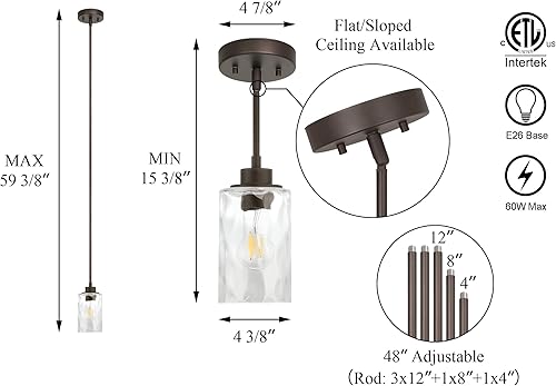 Miniatura 5 de XiNBEi Lighting Iluminación colgante 1 luz Mini lámpara colgante con vidrio, moderna lámpara de techo colgante de cocina ajustable acabado bronce