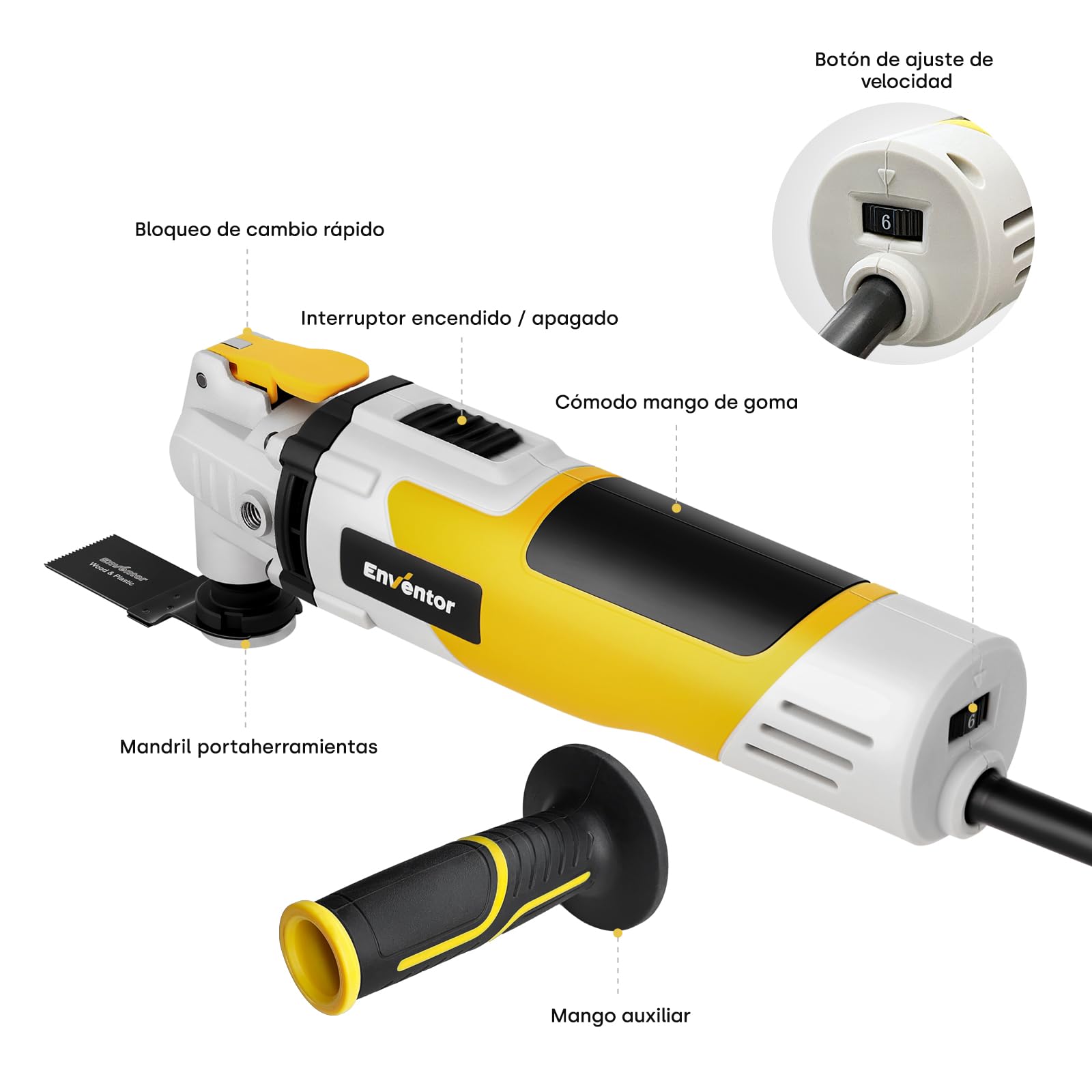 Enventor Multiherramienta Oscilante, 280W, Mango Auxiliar, 42 Accesorios | Herramientas Oscilantes 15000-22000OPM, 6 Velocidades Variables, Ángulo de Oscilación 3°, para Cortar, Lijar, Raspar