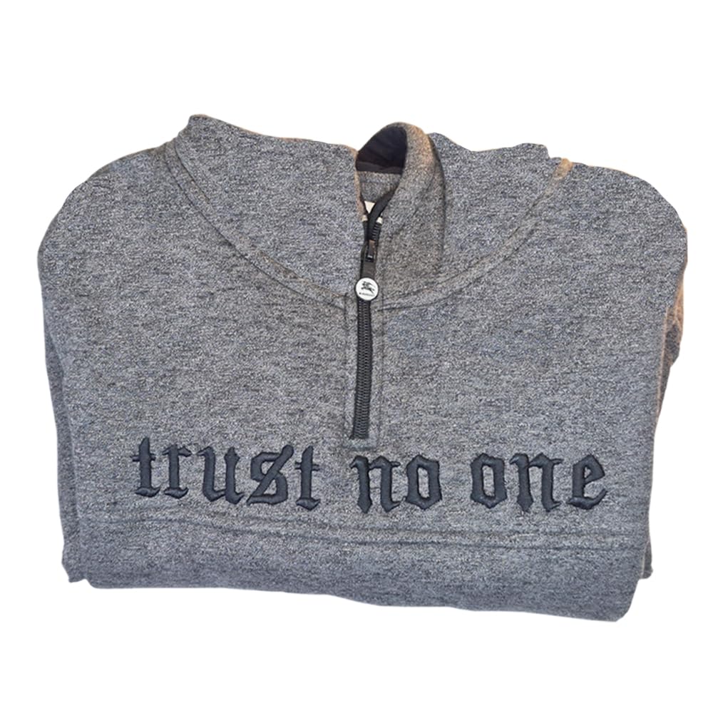 Men's Quarter-Zip Fleece Hoodie, Trust NO ONE Gothic Embroidered Pullover Sweatshirt - Charcoal Grey-picture-25