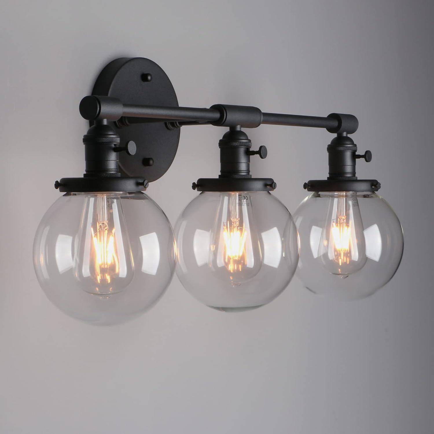 Phansthy 3 Light Hardwired Wall Sconces with Switch, Bathroom Vanity Light Sconce Wall Lighting Fixtures with 5.6 Inches Globe Glass Lampshade (Black)