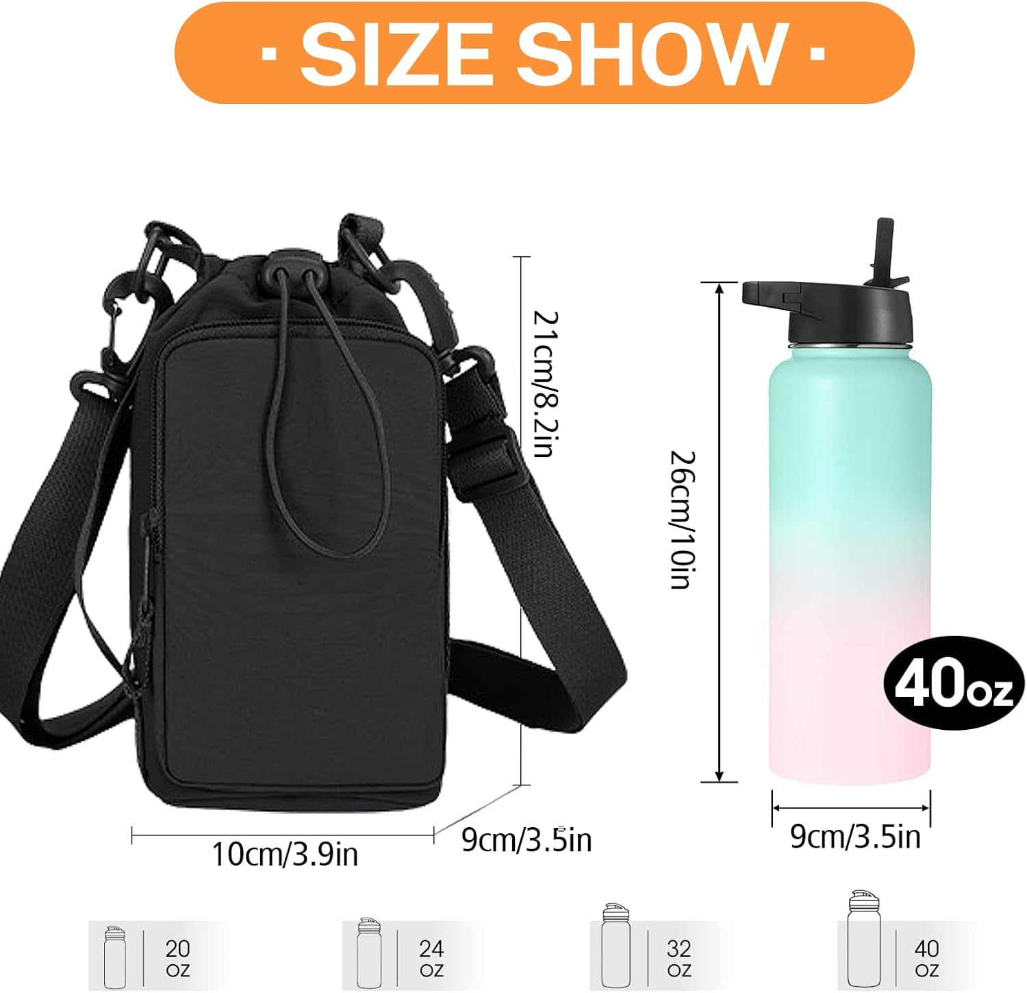 Water Bottle Holder with Phone Pocket for 40/32 oz,Water Bottle Holder/Sleeve with Adjustable Shoulder Strap and Charm.