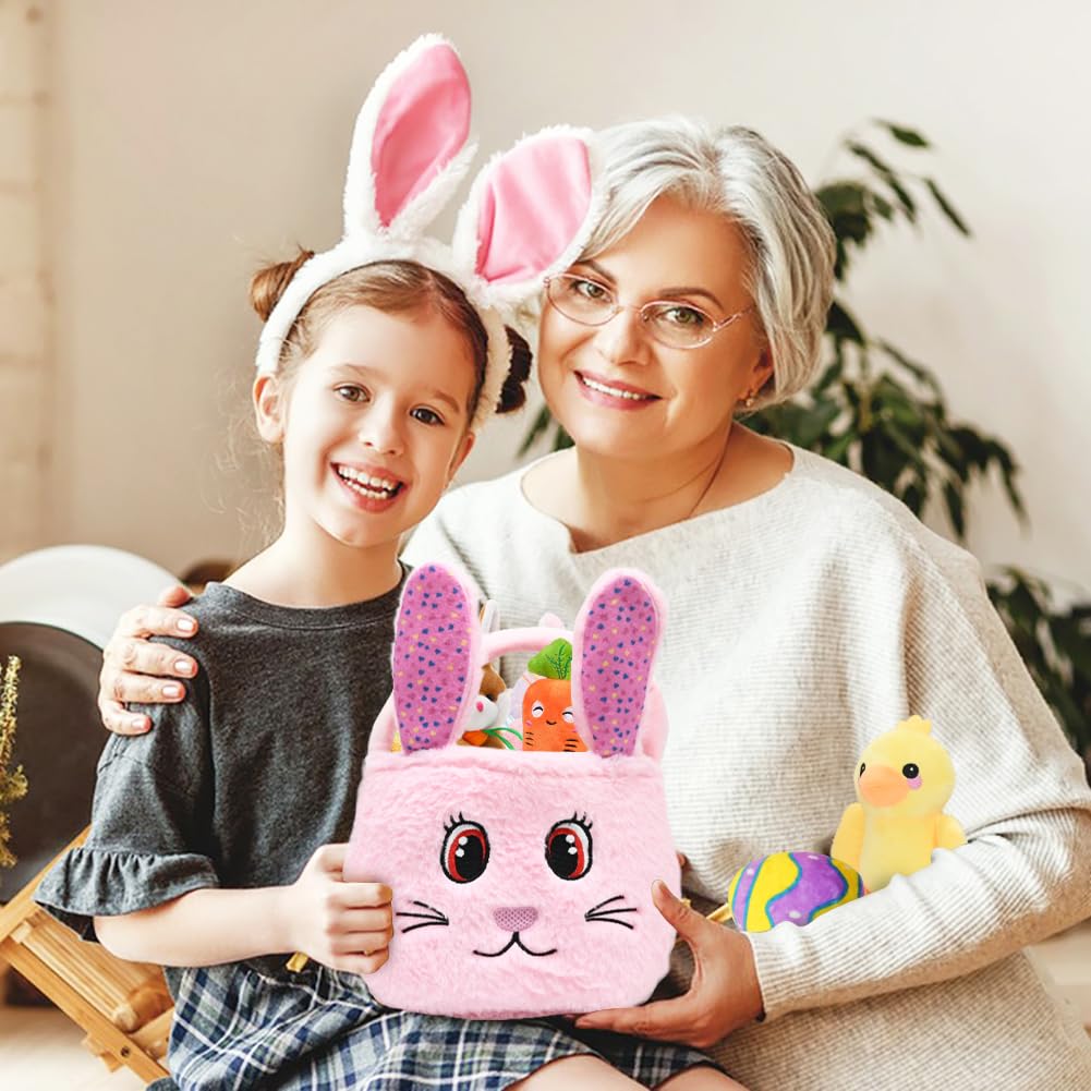Fluffy Easter Bunny Basket Set, Easter Basket Playset with Stuffed Plush Bunny Duck Egg Carrot for Baby Kids Easter Party Decorations Supplies Easter Basket Fillers