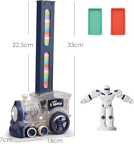 Miniatura 7 de B-Qtech Juego de 200 piezas de tren de dominó estilo espacial para niños con lanzacohetes de avión, juego de bloques de dominó de tren eléctrico,