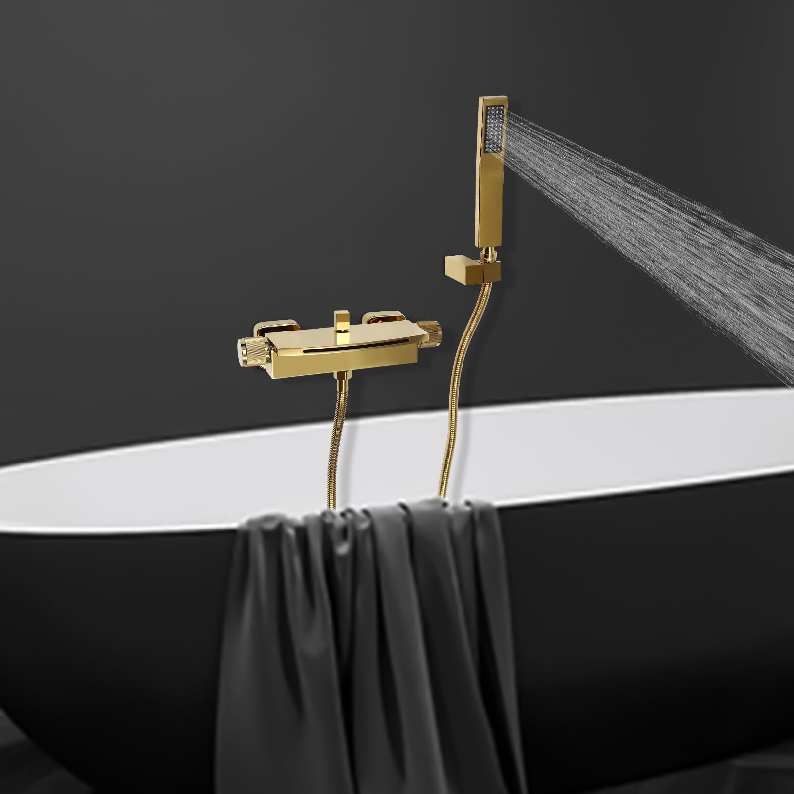 Grifo de bañera para bañera, grifo de cascada, grifo de ducha, grifo caliente y frío, grifo de mano de latón para aguas, hoteles, pensiones (dorado)