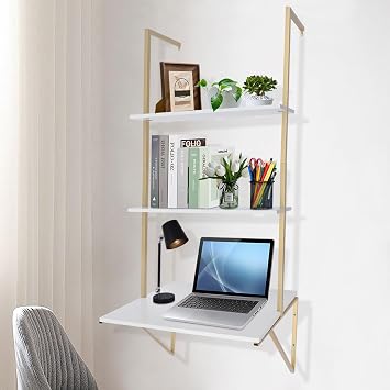 Wall Mount Desk 3-Tier Ladder Computer Desk with Storage Bookshelf Wall Table Industrial Bookcase Desk Industrial Floating Shelves for Home Office White