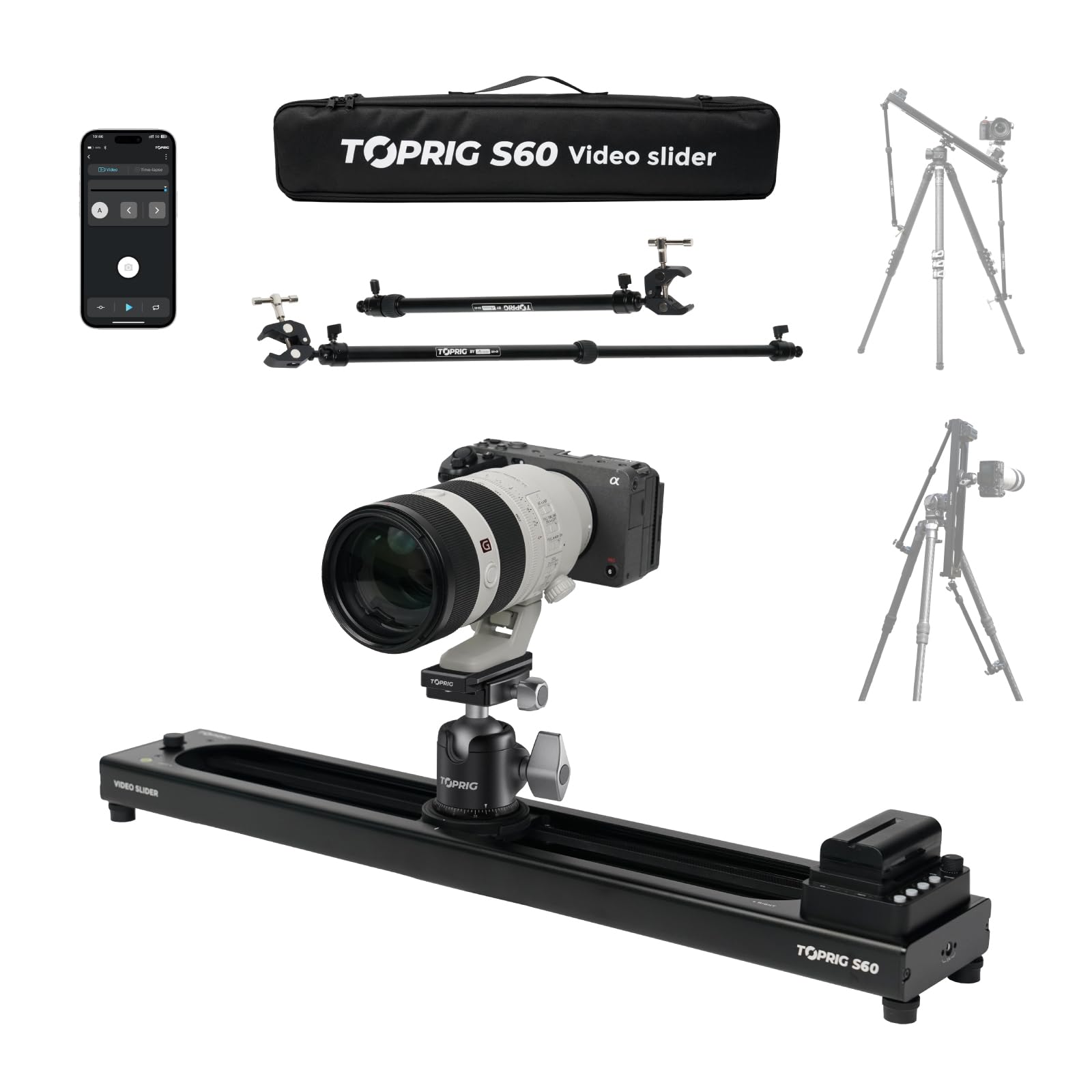 Toprig Accsoon S60 Motorized Camera Slider & 2PCS Support Arm Bundle, Wireless APP Control Video Slider with Silent Motor, Stable Shooting Kit for Video Photography
