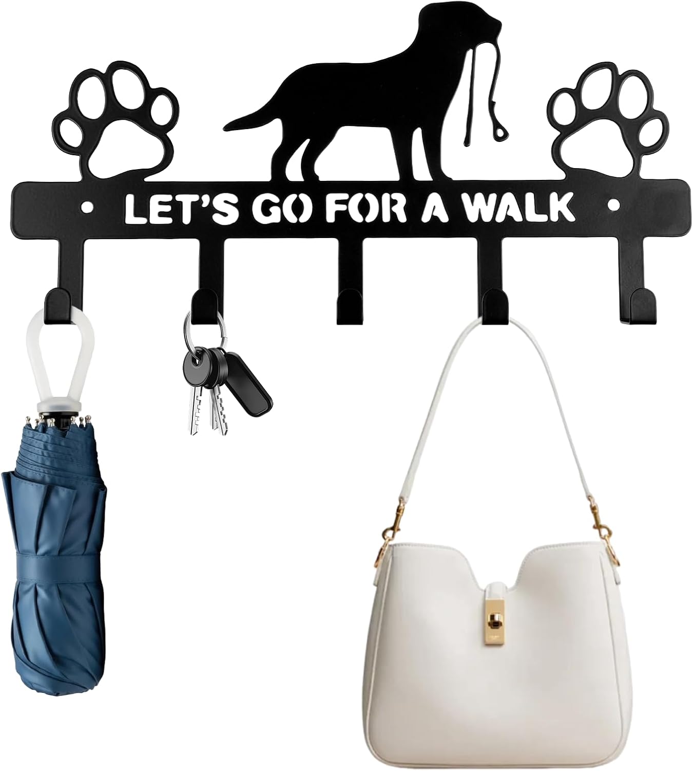5-Hooks Dog Leash Holder for Wall Metal Key Holders Key Holder Wall Mounted with Screws Leash Hooks Dog Accessory Holders Pet Leashes Organizer for Collars Entryway Hallway Kitchen Decor
