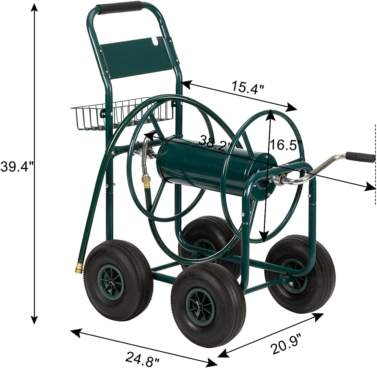 Vasitelan Hose Reel Heavy Duty Garden Hose Reel Sturdy Water Hose Reel Cart with 4 Wheels Storage Basket for Garden Lawn Yard Outdoor (Green)
