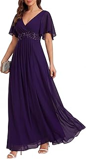 Women's Chiffon V-Neck Mother of Bride Dresses A-Line Ruched Short Sleeves Appliques Bridesmaid Dress Formal Gown