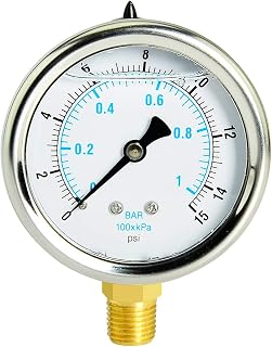 Liquid Filled Pressure Gauge, 0-15psi/kpa, 304 Stainless Steel Case, 1/4"NPT Lower Mount