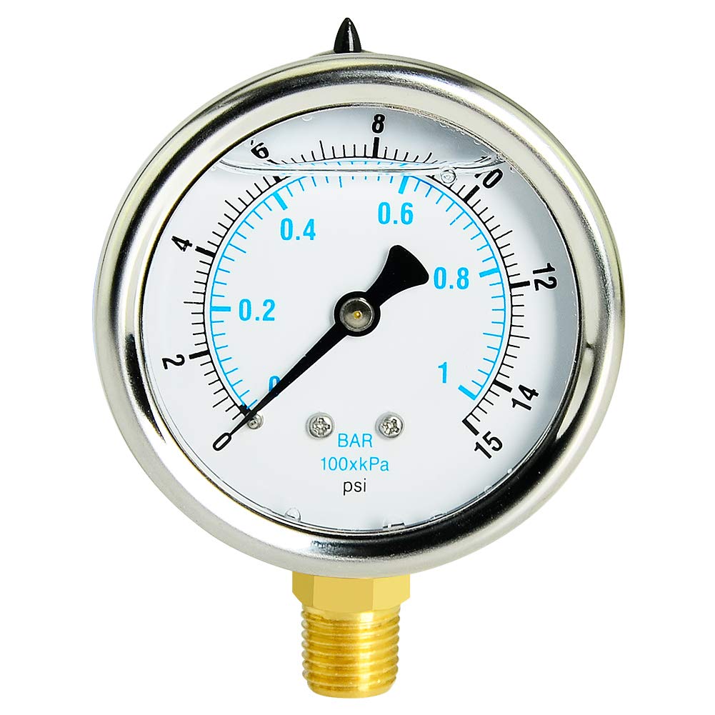 Taisher Liquid Filled Pressure Gauge, 0-15psi/kpa, 304 Stainless Steel Case, 1/4"NPT Lower Mount: Industrial & Scientific