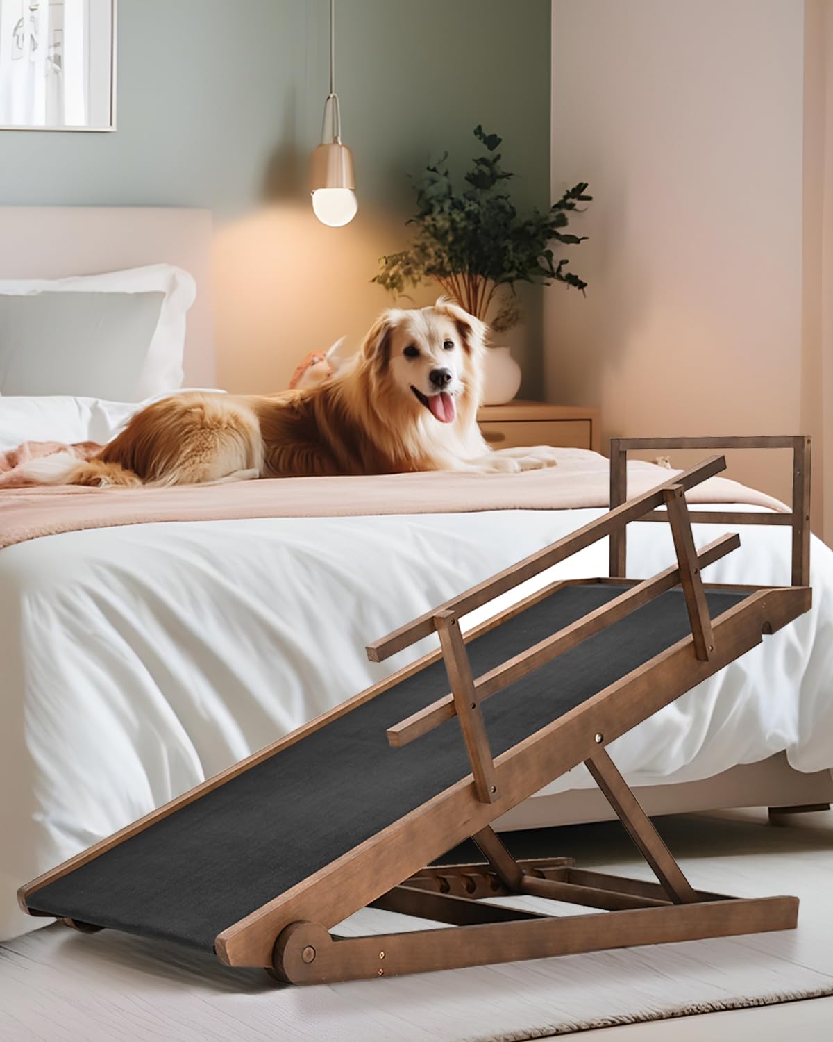 Dog Ramps for Bed for Large Dogs, Pet Ramp for Dogs to Get on Bed, Wood Folding Dog Ramp for Couch/Car, Adjustable from 17" to 32" Height, Supports up