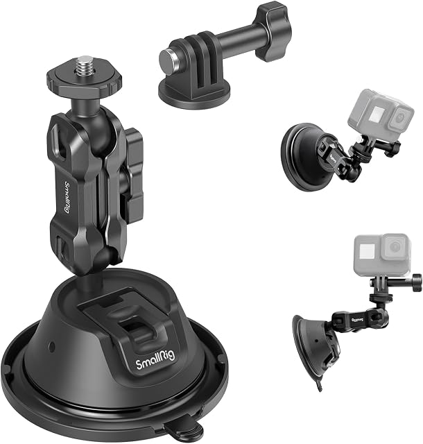 SMALLRIG Double-Layer Suction Cup Mount for GoPro Hero 11/10 / 9, for DJI Osmo Action/Procket, for Insta360 X3, Double Ball Head Support 360° Rotation, Mount on Car Windshield/Window SC-1K - 4193