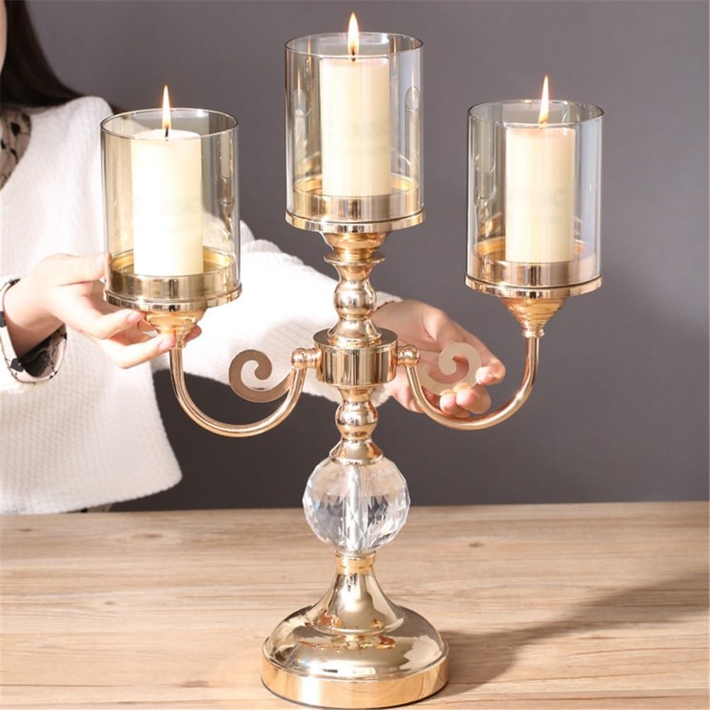 Candleholders Simple Metal Glass Three-Head Candle Holder Living Room Dining Table Wedding Decoration Ornaments(Small)