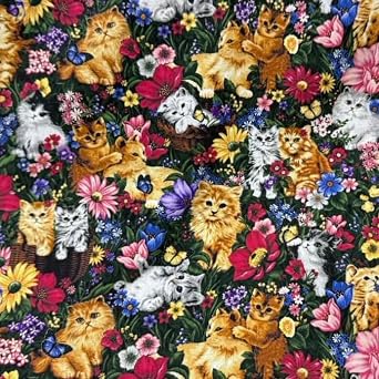 AMORNPHAN 45 Inch Colorful Floral Cat Cotton Fabric - Cute Kittens in Garden with Butterflies for Quilting, Sewing, Patchwork, DIY Crafts, Home Decor for 1 Yard