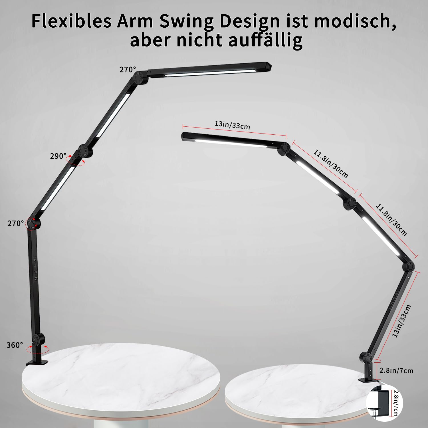 Led Schreibtischlampe klemmbar,Tischlampe 4 Sektionen Schwingarm Tageslichtlampe Schreibtisch,Touch Control Helligkeitsstufen 5 Helligkeit 4 Farbmodi, Speicherfunktion desk Lamp