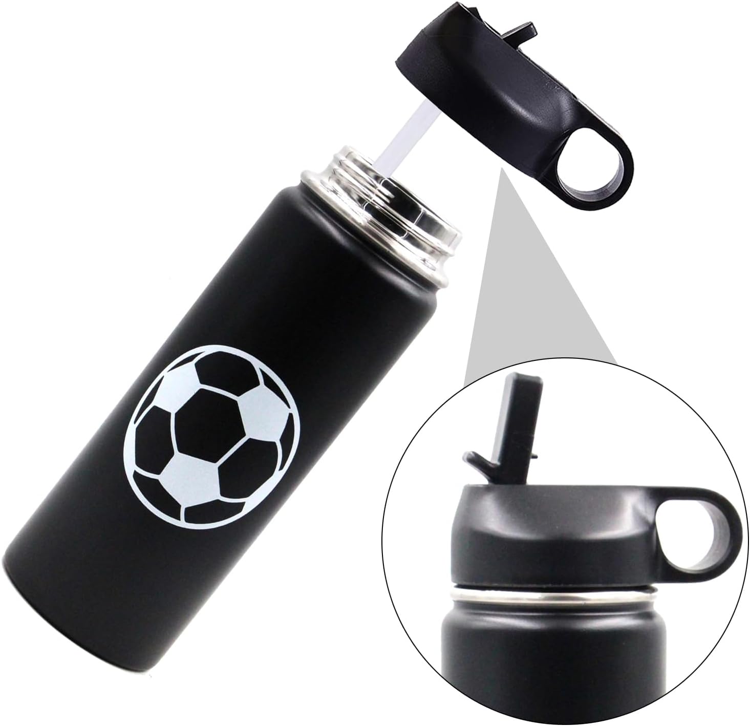 18 oz Soccer Water Bottle with Straw, Sports Flask Metal Travel Tumbler with 2 Lids, BPA Free Stainless Steel Double Wall Vacuum Insulated Leak Proof Thermo Water Bottles, Soccer Gifts for Boys Girls - Image 2