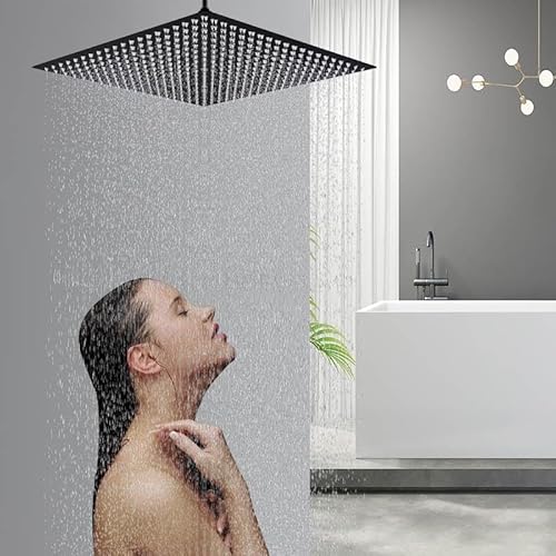 JUNSOTTOR Alcachofa de ducha con efecto lluvia LED, 40 x 40 cm, con cabezal de ducha de lluvia y cambio de color, color negro, sistema de ducha empotrable de latón, antical de acero inoxidable