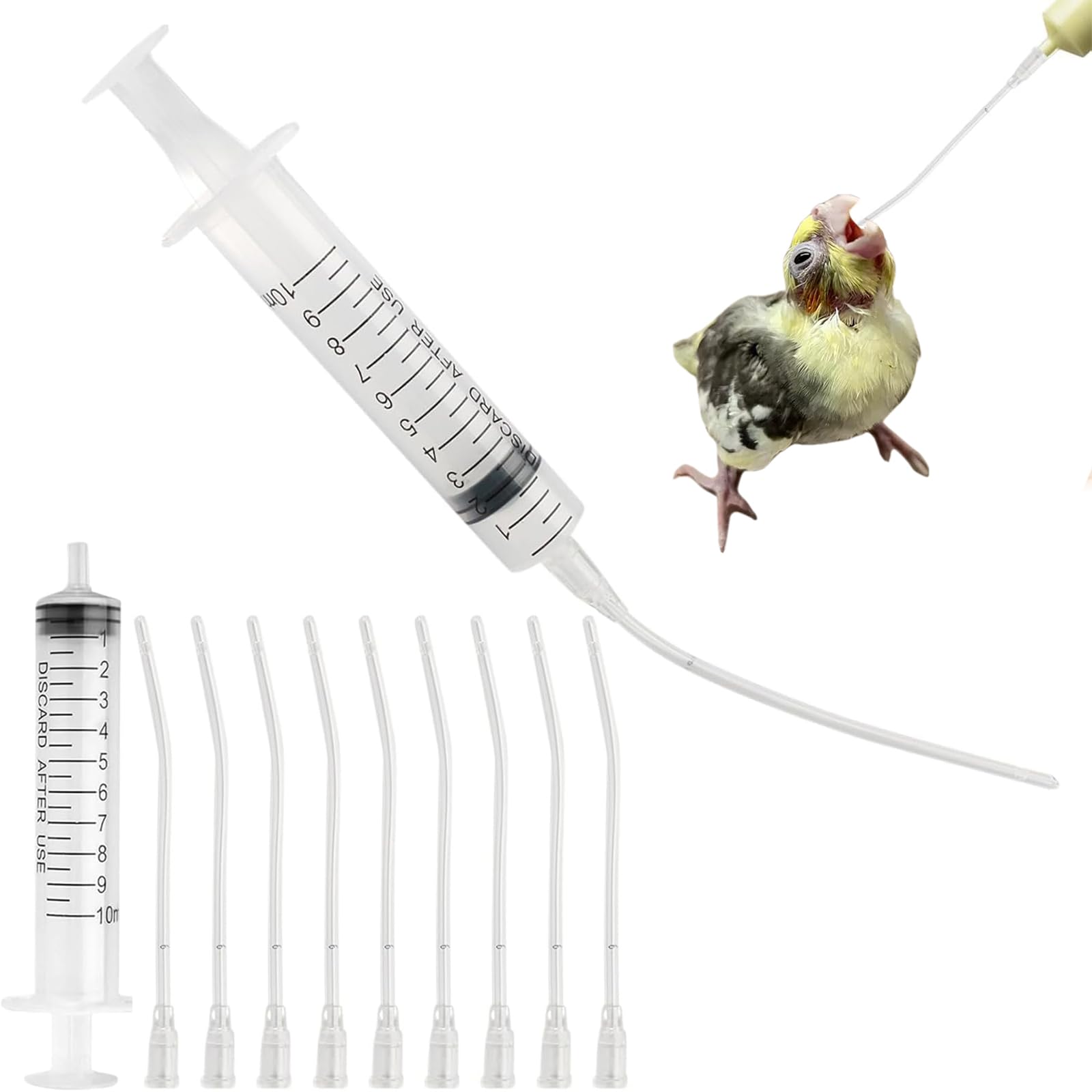 Lot de 12 tuyaux d'alimentation pour jeunes oiseaux - Contient 2 seringues de 10 ml avec tuyau, accessoires pour pigeons - Outil d'alimentation à la main pour bébés oiseaux et perroquets, lait, eau,