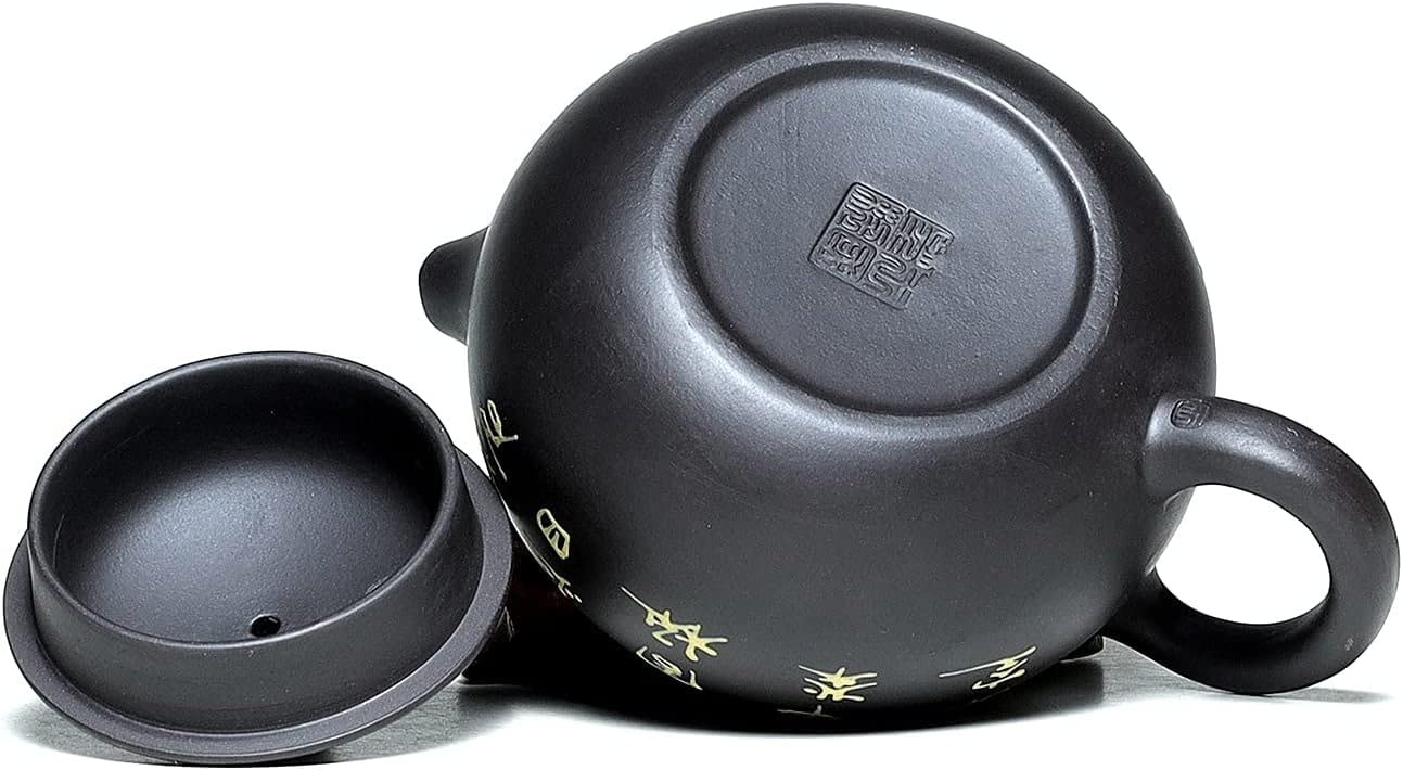 Zisha zestaw czajniczek do herbaty - Lotus Shipiao 200 ml, chiński oryginalny gliniany ręcznie czajniczek z 2 kubkami, herbata liściasta Kung Fu, czarna złota glina