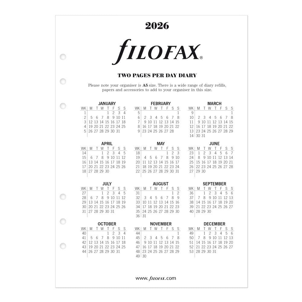 Filofax Ricarica agenda calendario, formato A5, un giorno su due pagine con appuntamenti, gestione del tempo, libro bianco, inglese, 2026 (CTM7031-26)