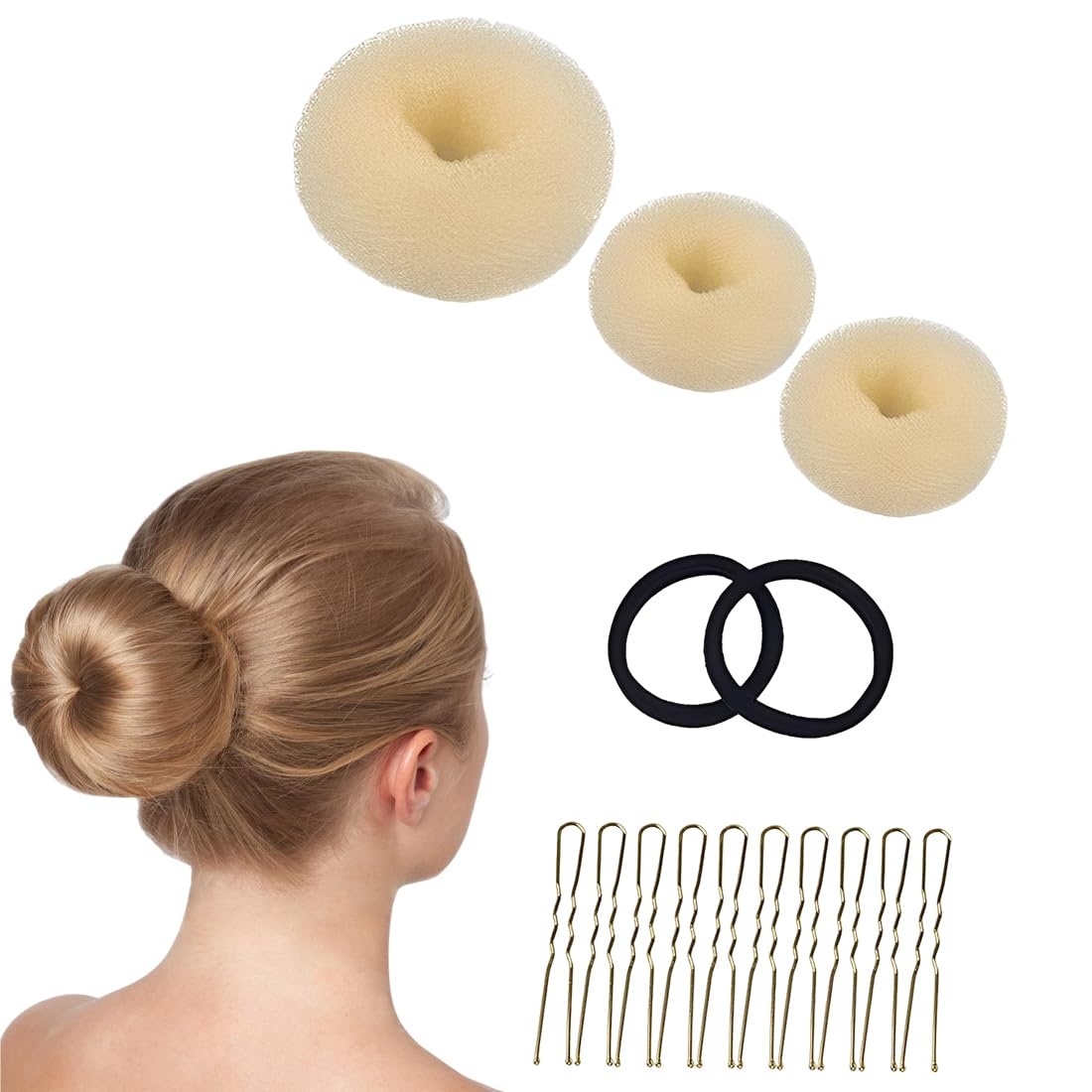 Donut Moño Kit 3 Piezas Beige, 10 Horquillas Doradas, Accesorios de Peinado para Bailarinas
