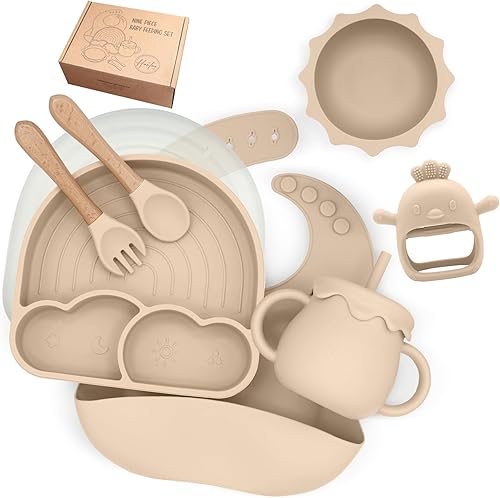 Juego de alimentación de silicona para bebés, suministros de destete LED para niños, babero, plato dividido, cuenco de succión, taza, cuchara y