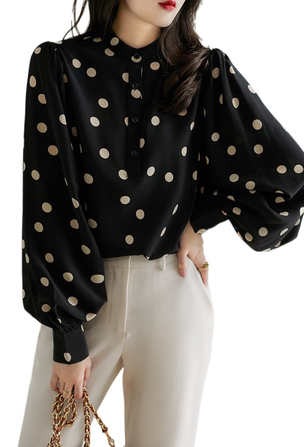 Camicie Da Donna,Camicetta Da Donna In Chiffon A Pois Neri Maniche Lunghe Arricciate Camicia Con Bottoni Stand-Up Colar Vintage Tunica Top Camicetta Comfort Camicie Da Ufficio Camicetta Da Lavoro Ca