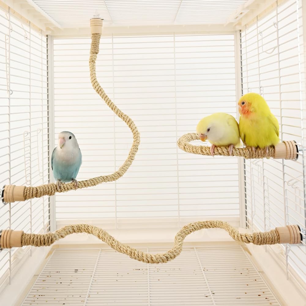 3 Pack Natural Sisal Rope Bird Perch Set, Bendable Parrot Climbing Rope Perch with Wooden Ends (15.7"/23.6"/31.5"), Flexible Bird Stand Toy for Lovebirds, Cockatiels, Conures, Budgies, Finches
