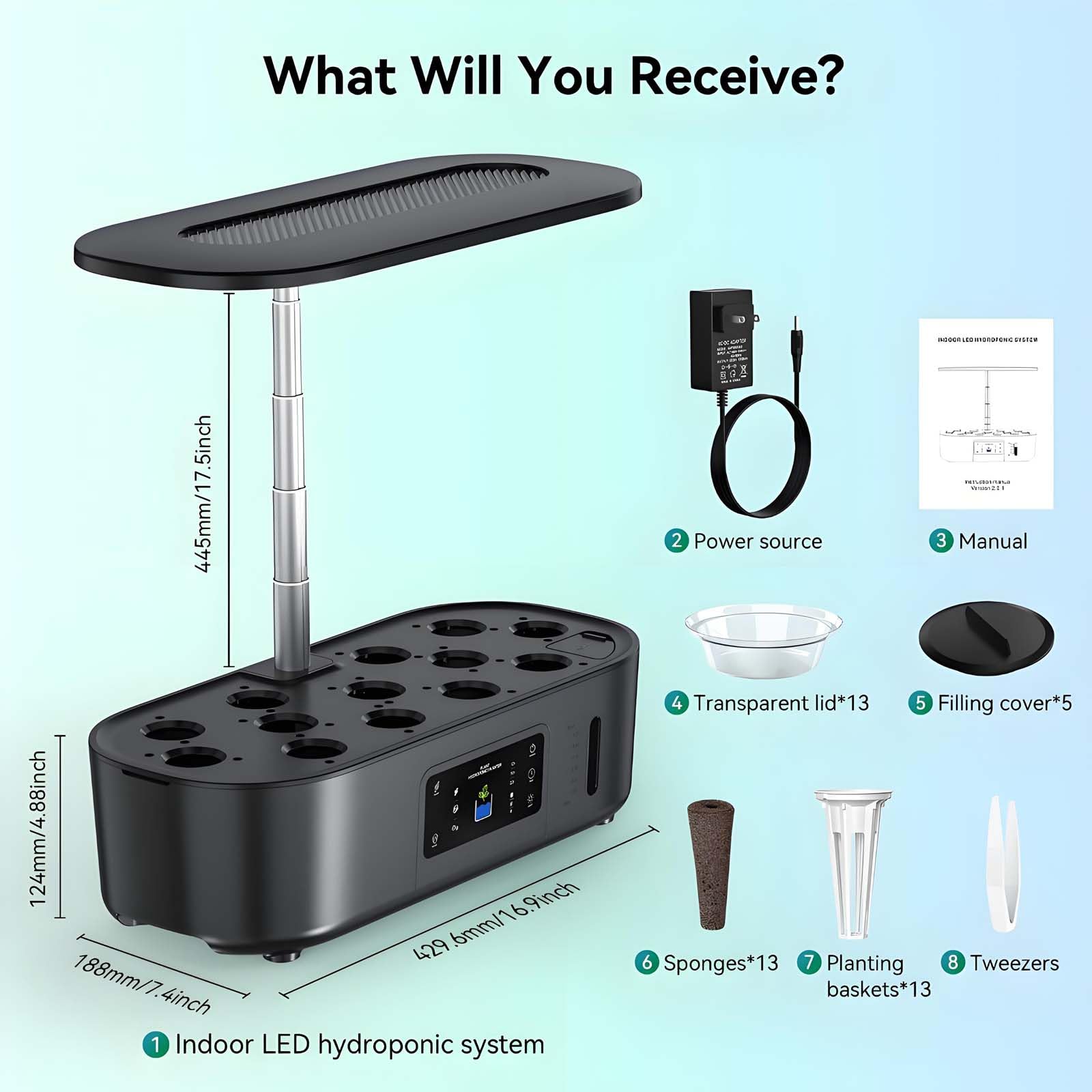 Kit de Jardinage hydroponique d'intérieur avec Lampe de Culture LED, Pot à arrosage Automatique, sans Terre, pour cultiver Toute l'année de la laitue, des légumes et des Herbes fraîches Black