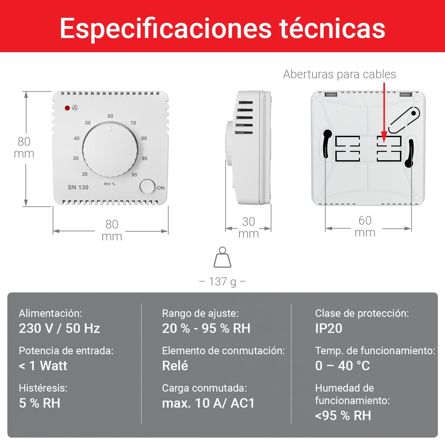 Sensor de humedad ELEKTROBOCK SN130 para el control automático del ventilador | baño, lavandería y sótano | detección y eliminación de humedad excesiva