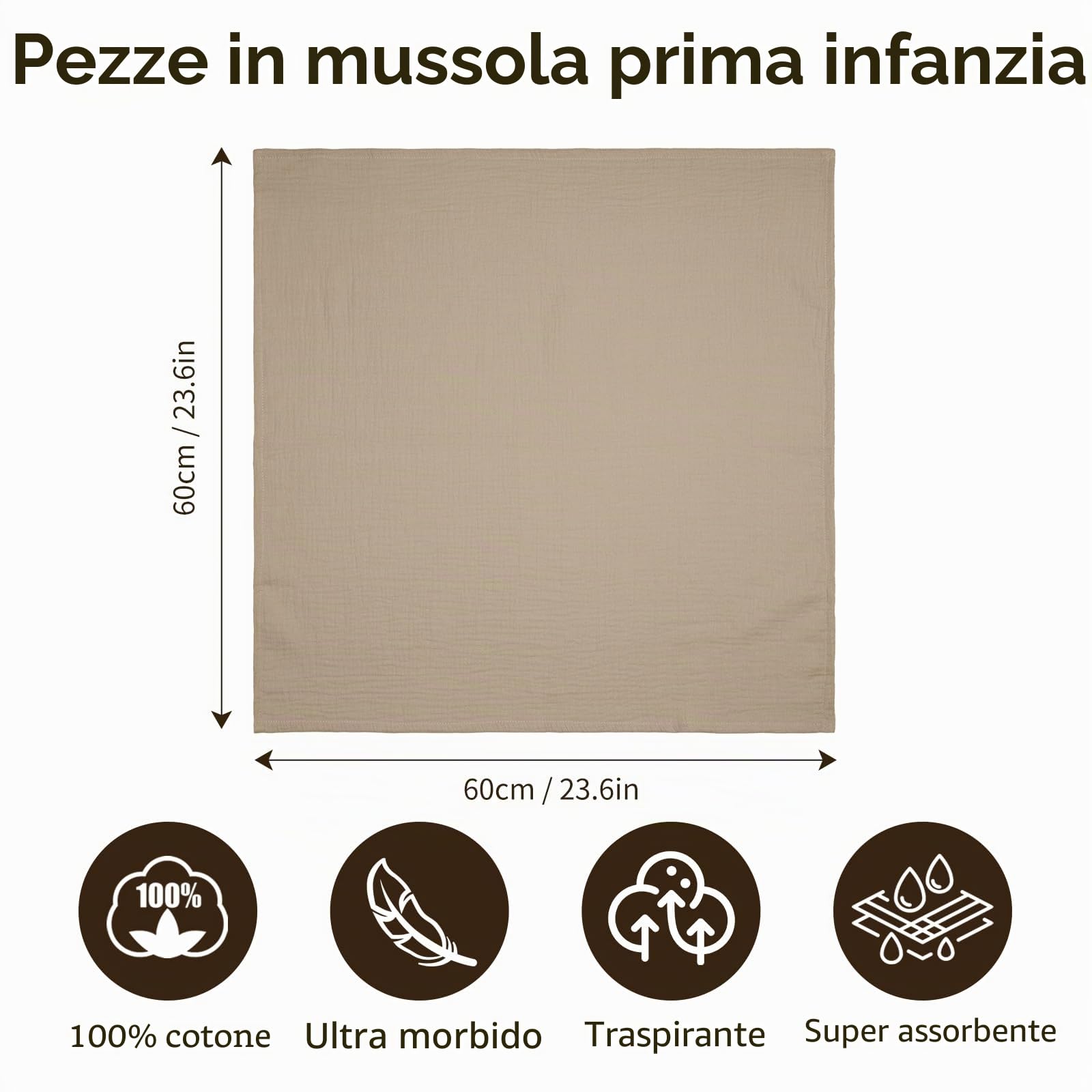 Mussole Neonato 60x60 cm Set 4 Pezzi 100% Cotone Marrone