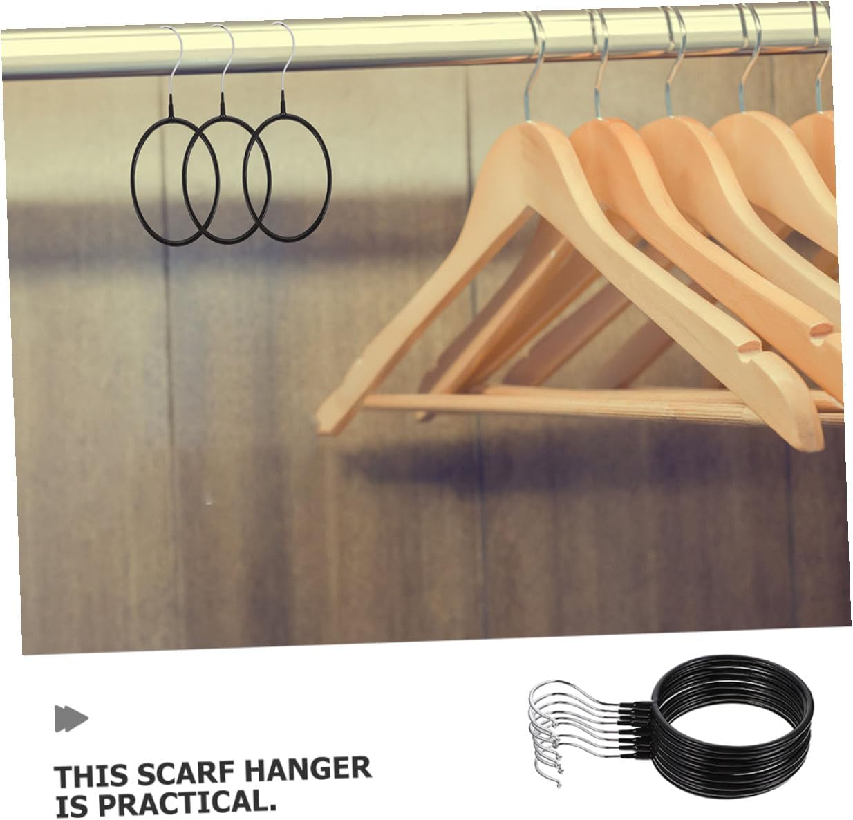10pcs Heavy-Duty Scarf Hangers with Plastic-Coated Iron Rings, Closet Organizer for Scarves, Belts, and Ties, Black Large Size, Multi-Purpose Accessory Storage for Home