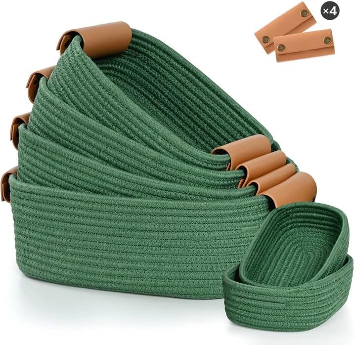 Storage Basket Set of 6-4 with Leather Handle & 2 Small Gift Baskets - Woven Storage Cotton Rope Basket for Organizing, Rectangle Bins for Shelves, Nursery, Dog Toy, Bathroom Green Pack of 6