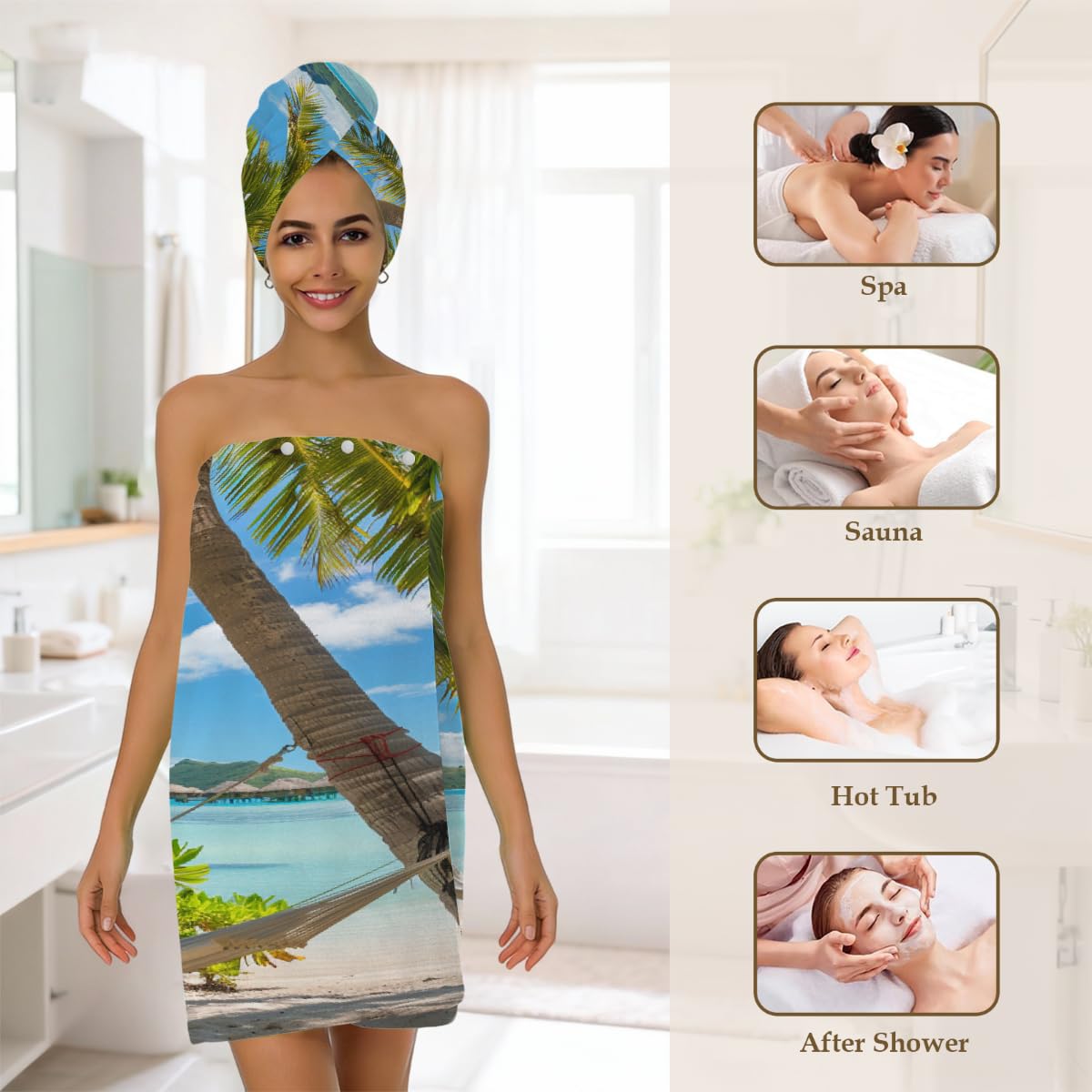 Mikrofaser-Duschtuch für Damen, mit Haar-Handtuch, Ozean, Strand, Palmen, tropische Insel, Meer, weiche Körperwickel, Kleid mit Haartrocknungskappe für Strand, Pool, Spa, 2 Sets