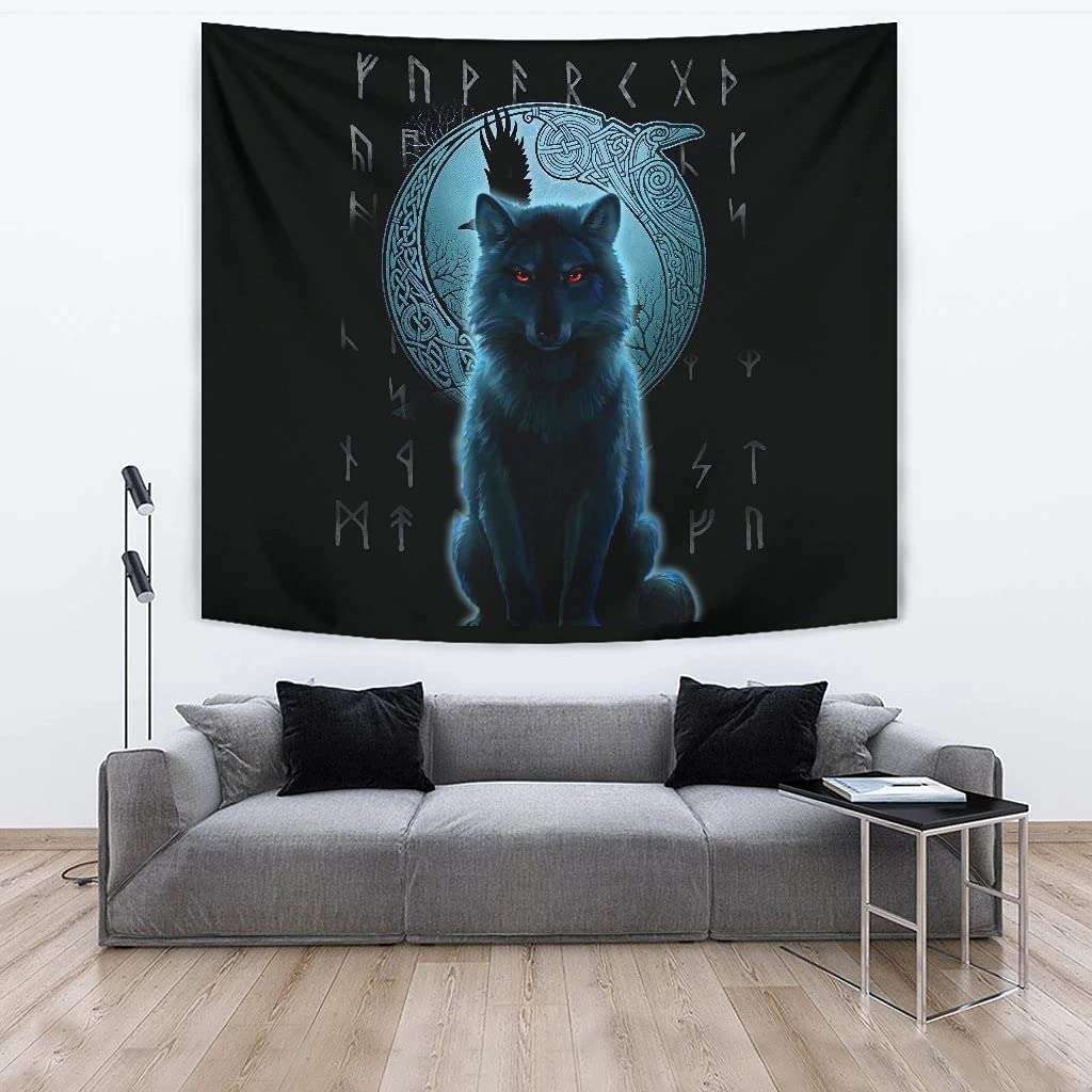Tapisserie Viking Fenrir Wolf YABEME en polyester grand format 200x150 cm pour decoration salon