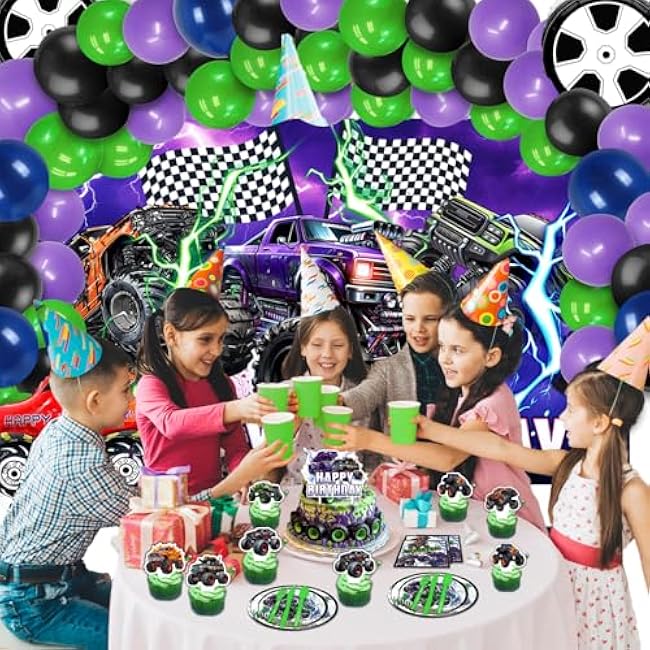 150Pcs Monster Truck Birthday Decorations£¬Monster Truck Party decorations£¬Monster Truck Birthday Party Supplies£¬Include Balloon arch,Backdrop, Cake Toppers£¬Tableware, Tablecloth
