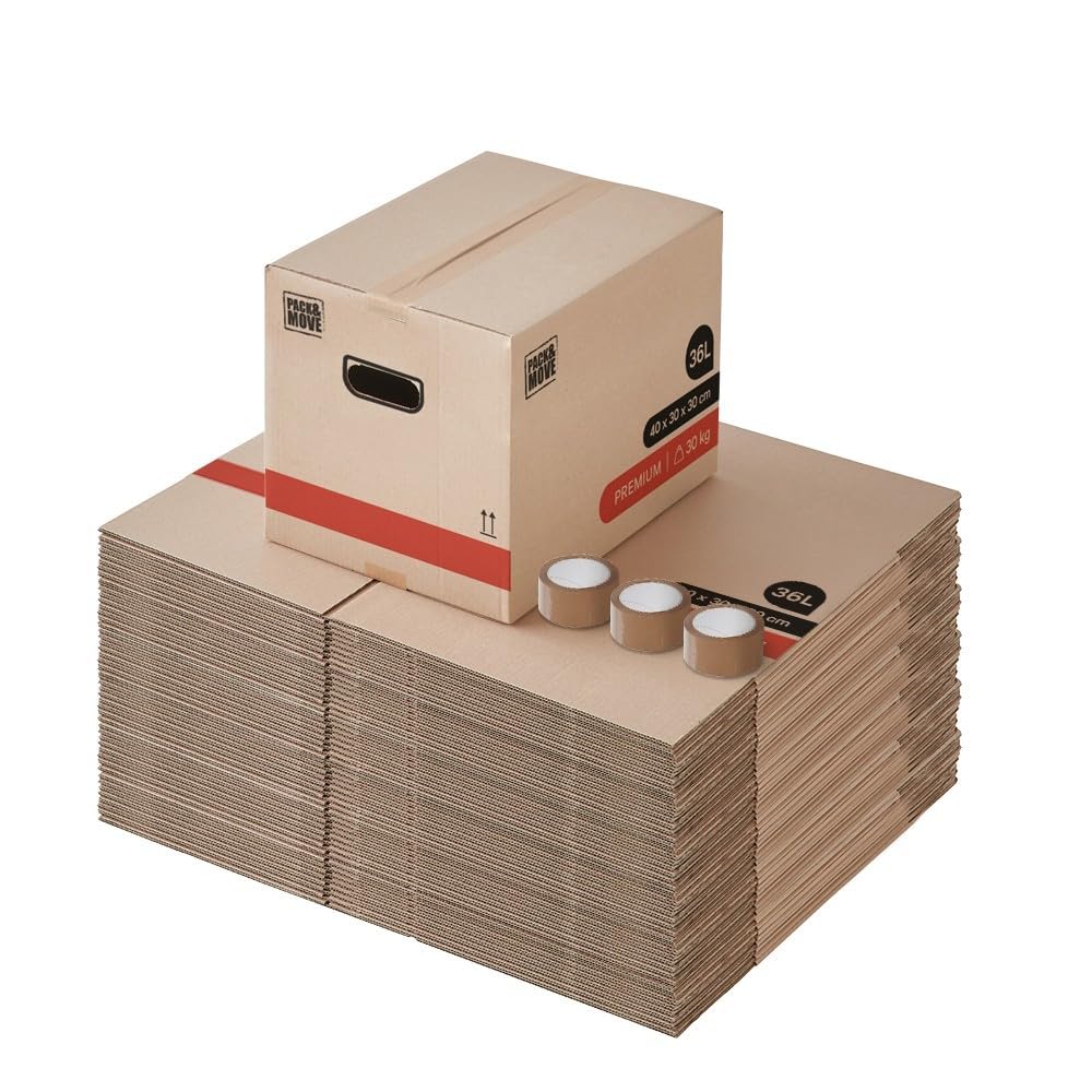 Pack and Move – Lote de 60 cajas para mover libros premium – 40 x 30 x 30 cm – Extrema resistencia 30 kg – Asas reforzadas – 3 adhesivos