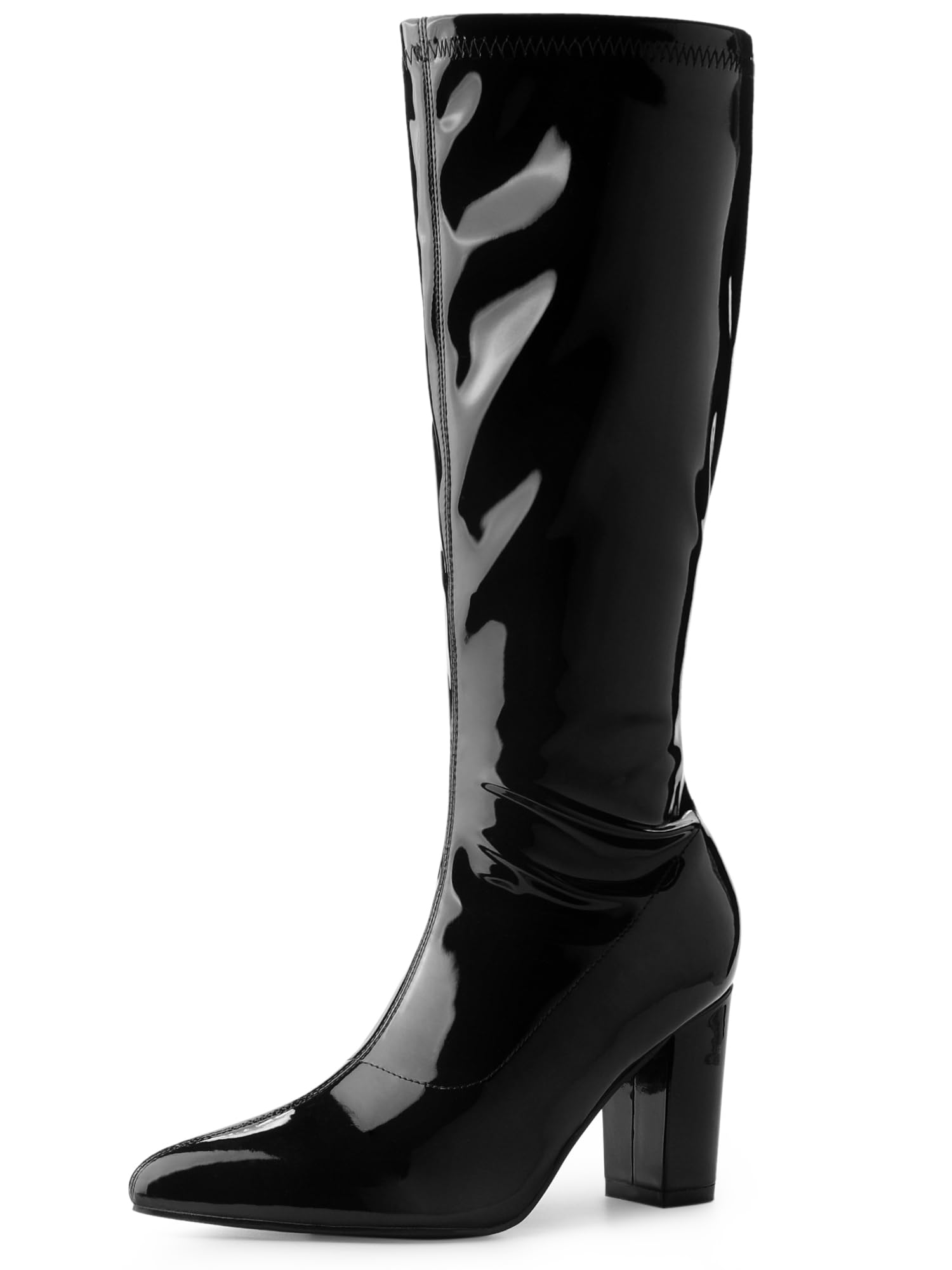 Perphygo Go Boot Patent Leather Chunky Heels Knee High Boots