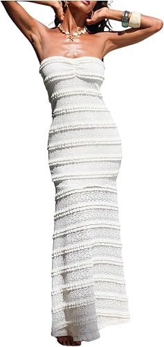 RoseSeek Women's Lace Tube Maxi Dress Frill Trim Fishtail Strapless Summer Weddi