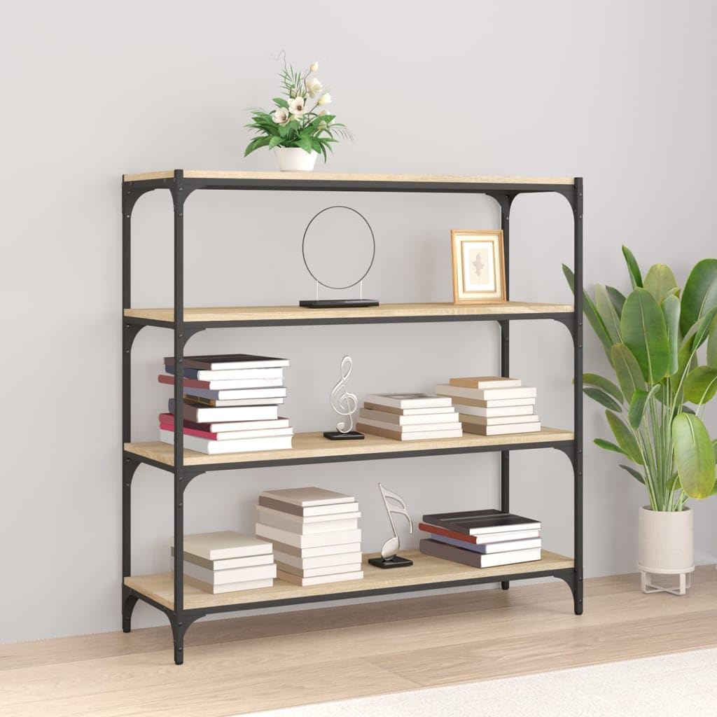 Générique Sonoma dębowa szafka pod telewizor, 100 x 33 x 100 cm, regał w stylu industrialnym z 4 drewnianymi półkami inżynieryjnymi i stalową ramą, do przechowywania do salonu lub biura