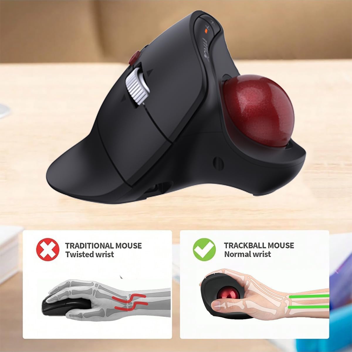 JOMAA Mouse wireless con trackball verticale, design ergonomico, commutazione a 3 dispositivi, 2,4 G/Bluetooth 5.0, ricaricabile di tipo C, DPI regolabile, compatibile con Windows/macOS/iOS/Android